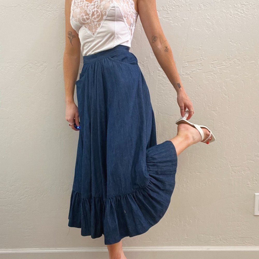Vintage 1990s/Y2K Blue Denim Ruffle Boho Maxi Skirt - Picture 3 of 5